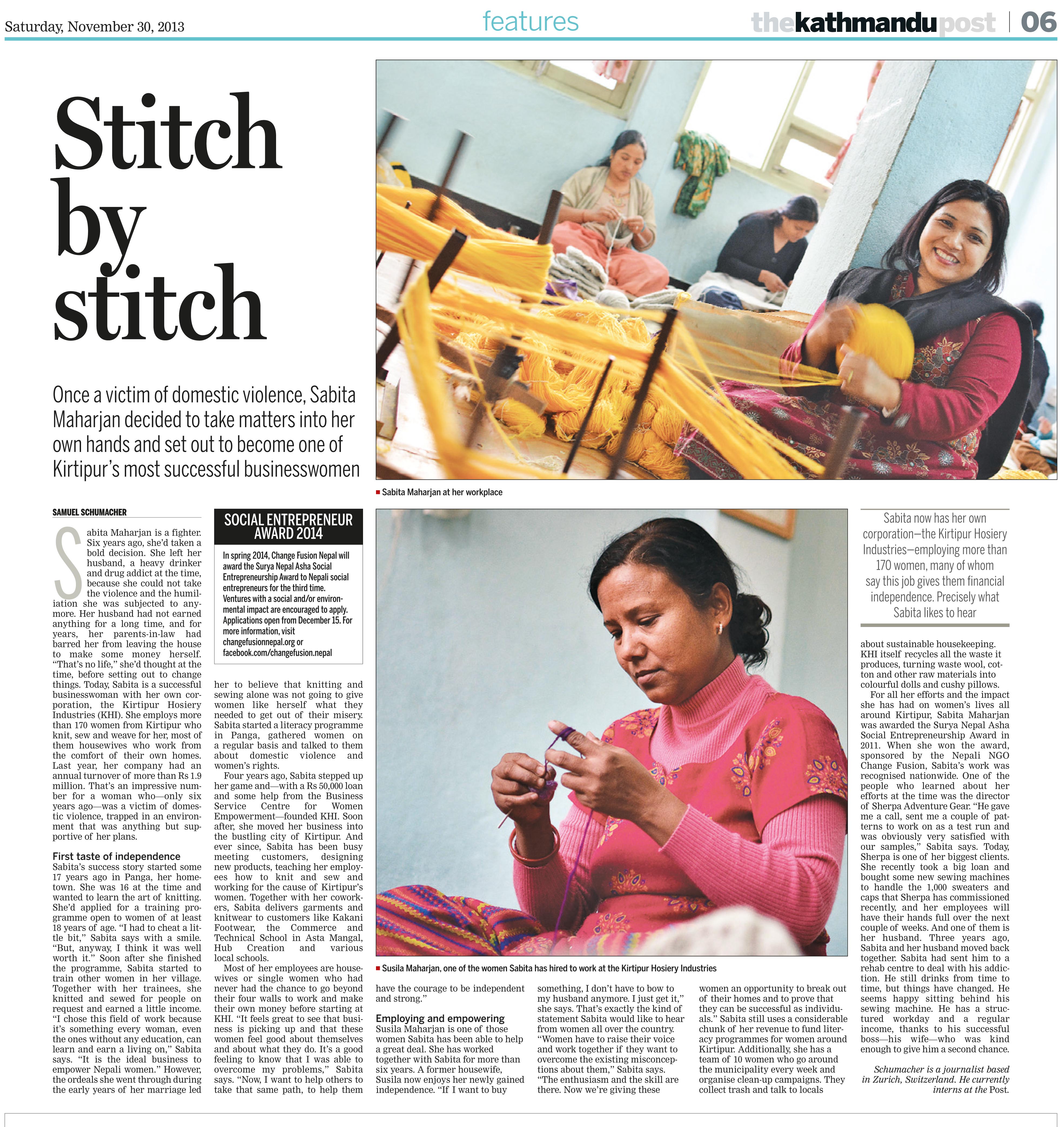 "Stitch by Stitch", Kathmandu Post, 30. November 2013.