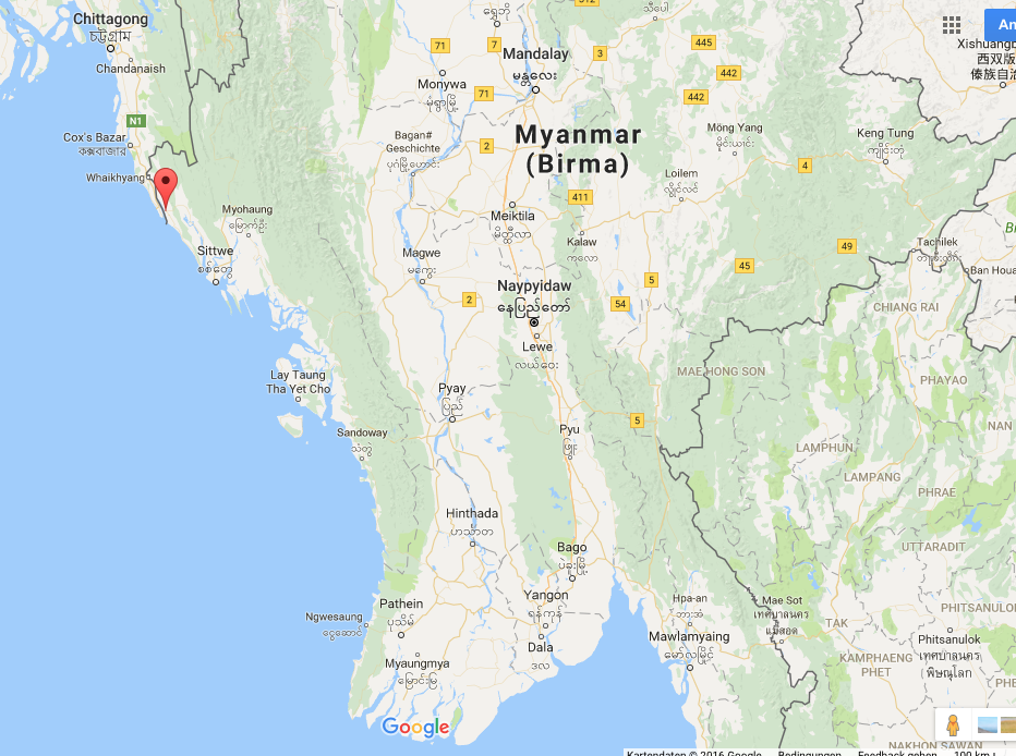 Die Provinz Rakhine in Westmyanmar. Rot eingetragen der Township Maungdaw, wo die Angriffe auf die Grenzposten stattfanden.